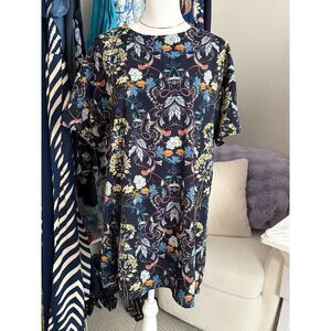 Boohoo Navy Blue Multicolor Floral Print Short Sleeve Shift Dress Size L